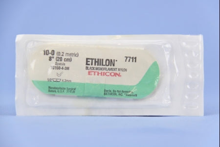 J & J Healthcare Systems Ethilon Suture with Needle Nonabsorbable Uncoated Black Suture Monofilament Nylon Size 10-0 8 Inch Suture Double-Armed 4.2 mm Length 1/2 Circle Micropoint - Spatula Needle - 7711G