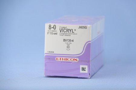 Coated Vicryl - Suture with Needle Absorbable Coated Violet Suture Braided Polyglactin 910 Size 8 - 0 5 Inch Suture 1-Needle 5 mm Length 3/8 Circle Taper Point Needle - J405G