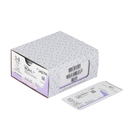 Coated Vicryl - Suture with Needle Absorbable Coated Undyed Suture Braided Polyglactin 910 Size 3 - 0 27 Inch Suture 1-Needle 19 mm Length 3/8 Circle Precision Point - Reverse Cutting Needle - J427H
