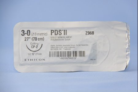 J & J Healthcare Systems PDS II Suture with Needle Absorbable Uncoated Violet Suture Monofilament Polydioxanone Size 3-0 27 Inch Suture 1-Needle 26 mm Length 1/2 Circle Reverse Cutting Needle - Z968H