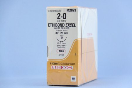 Ethibond - Suture with Needle Nonabsorbable Coated White Suture Braided Polyester Size 2 - 0 30 Inch Suture 1-Needle 26 mm Length 1/2 Circle Taper Point Needle - MX823