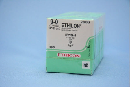J & J Healthcare Systems Ethilon Suture with Needle Nonabsorbable Uncoated Black Suture Monofilament Nylon Size 9-0 10 Inch Suture Double-Armed 6.5 mm Length 3/8 Circle Taper Point Needle - 2800G