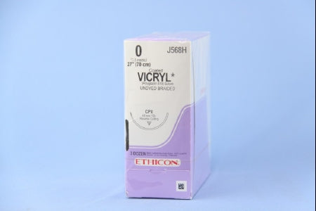 J & J Healthcare Systems Coated Vicryl Suture with Needle Absorbable Coated Undyed Suture Braided Polyglactin 910 Size 0 27 Inch Suture 1-Needle 48 mm Length 1/2 Circle Reverse Cutting Needle - J568H
