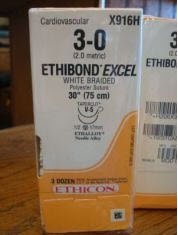 Ethibond - Suture with Needle Nonabsorbable Coated White Suture Braided Polyester Size 3 - 0 30 Inch Suture Double-Armed 17 mm Length 1/2 Circle Taper Cut Needle - X916H