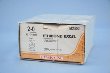 J & J Healthcare Systems Ethibond Suture with Needle Nonabsorbable Coated Green Suture Braided Polyester Size 2-0 30 Inch Suture Double-Armed 17 mm Length 1/2 Circle Taper Point Needle - X553