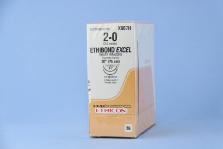 Ethibond - Suture with Needle Nonabsorbable Coated White Suture Braided Polyester Size 2 - 0 30 Inch Suture Double-Armed 26 mm Length 1/2 Circle Taper Cut Needle - X987H