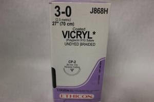J & J Healthcare Systems Coated Vicryl Suture with Needle Absorbable Coated Undyed Suture Braided Polyglactin 910 Size 3-0 27 Inch Suture 1-Needle 26 mm Length 1/2 Circle Reverse Cutting Needle - J868H
