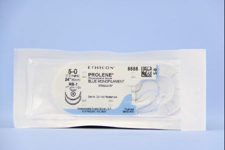 J & J Healthcare Systems Prolene Suture with Needle Nonabsorbable Uncoated Blue Suture Monofilament Polypropylene Suture Size 5-0 24 Inch Suture Double-Armed 17 mm Length 1/2 Circle Taper Point Needle - 8555H