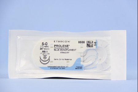 Prolene - Suture with Needle Nonabsorbable Uncoated Blue Suture Monofilament Polypropylene Suture Size 5 - 0 24 Inch Suture Double-Armed 17 mm Length 1/2 Circle Taper Point Needle - 8555H