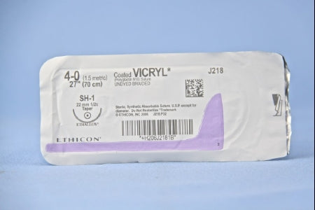 J & J Healthcare Systems Coated Vicryl Suture with Needle Absorbable Coated Undyed Suture Braided Polyglactin 910 Size 4-0 27 Inch Suture 1-Needle 22 mm Length 1/2 Circle Taper Point Needle - J218H