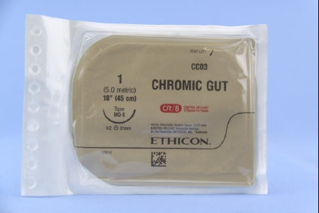 J & J Healthcare Systems Suture with Needle Absorbable Uncoated Undyed Suture Chromic Gut Size 1 18 Inch Suture 1-Needle 31 mm Length 1/2 Circle Taper Point Needle - CC03G