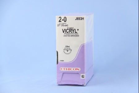 Coated Vicryl - Suture with Needle Absorbable Coated Undyed Suture Braided Polyglactin 910 Size 2 - 0 27 Inch Suture 1-Needle 22 mm Length 1/2 Circle Reverse Cutting Needle - J693H