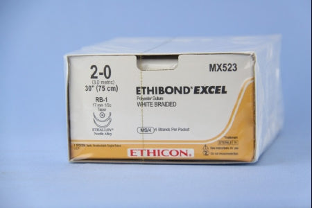 Ethibond - Suture with Needle Nonabsorbable Coated White Suture Braided Polyester Size 2 - 0 30 Inch Suture Double-Armed 17 mm Length 1/2 Circle Taper Point Needle - MX523