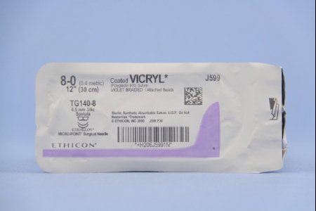 Coated Vicryl - Suture with Needle Absorbable Coated Violet Suture Braided Polyglactin 910 Size 8 - 0 12 Inch Suture Double-Armed 6.5 mm Length 3/8 Circle Spatula Needle - J599G
