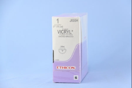 J & J Healthcare Systems Coated Vicryl Suture with Needle Absorbable Coated Undyed Suture Braided Polyglactin 910 Size 1 27 Inch Suture 1-Needle 22 mm Length 1/2 Circle Reverse Cutting Needle - J695H