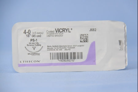 Coated Vicryl - Suture with Needle Absorbable Coated Undyed Suture Braided Polyglactin 910 Size 4 - 0 18 Inch Suture 1-Needle 24 mm Length 3/8 Circle Reverse Cutting Needle - J682H