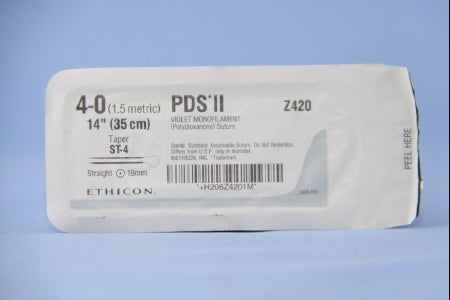 J & J Healthcare Systems PDS II Suture with Needle Absorbable Uncoated Violet Suture Monofilament Polydioxanone Size 4-0 14 Inch Suture Double-Armed 19 mm Length Straight Taper Point Needle - Z420G