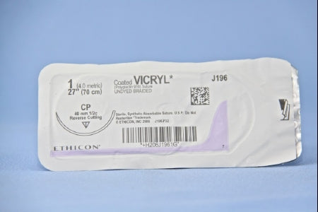 J & J Healthcare Systems Coated Vicryl Suture with Needle Absorbable Coated Undyed Suture Braided Polyglactin 910 Size 1 27 Inch Suture 1-Needle 40 mm Length 1/2 Circle Reverse Cutting Needle - J196H
