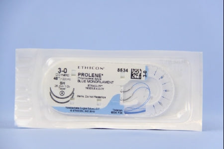 J & J Healthcare Systems Prolene Suture with Needle Nonabsorbable Uncoated Blue Suture Monofilament Polypropylene Suture Size 3-0 48 Inch Suture Double-Armed 26 mm Length 1/2 Circle Taper Point Needle - 8534H