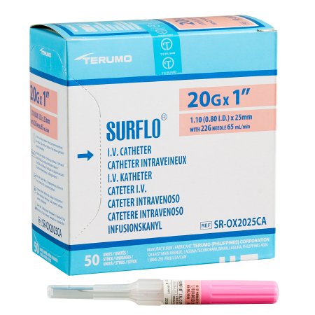 Surflo - Peripheral IV Catheter 20 Gauge 1 Inch Without Safety - SR-OX2025CA