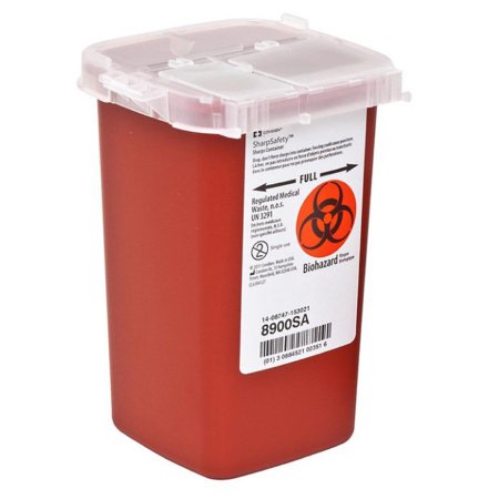 SharpSafety - Sharps Container 6-1/4 H X 4-1/2 W X 4-1/4 D Inch 1 Quart Red Base / Translucent Lid Vertical Entry 2 Hinged Snap On Lid - 8900SA