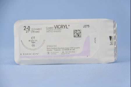 Coated Vicryl - Suture with Needle Absorbable Coated Undyed Suture Braided Polyglactin 910 Size 2 - 0 27 Inch Suture 1-Needle 40 mm Length 1/2 Circle Taper Point Needle - J275H