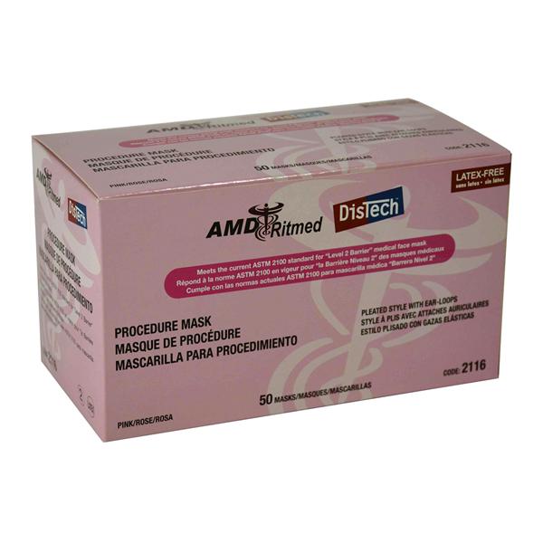 Henry Schein Distech Earloop Mask ASTM Level 2 Pink, 10 box per Case "Pink" - AMD Ritmed-2116 - Case of 10 Boxes (50 Per Box)