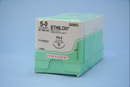 J & J Healthcare Systems Ethilon Suture with Needle Nonabsorbable Uncoated Green Suture Monofilament Nylon Size 5-0 18 Inch Suture 1-Needle 19 mm Length 3/8 Circle Reverse Cutting Needle - G666G