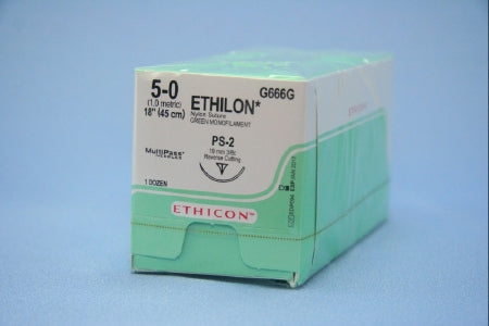 Ethilon - Suture with Needle Nonabsorbable Uncoated Green Suture Monofilament Nylon Size 5 - 0 18 Inch Suture 1-Needle 19 mm Length 3/8 Circle Precision Point - Reverse Cutting Needle - G666G