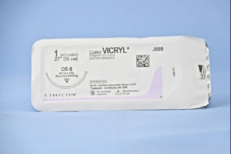 J & J Healthcare Systems Coated Vicryl Suture with Needle Absorbable Coated Undyed Suture Braided Polyglactin 910 Size 1 27 Inch Suture 1-Needle 40 mm Length 1/2 Circle Reverse Cutting Needle - J196H
