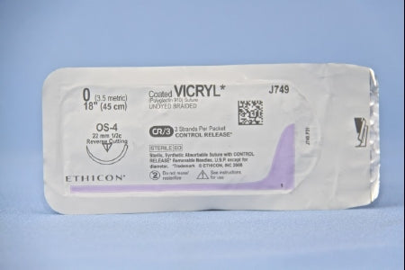 J & J Healthcare Systems Coated Vicryl Suture with Needle Absorbable Coated Undyed Suture Braided Polyglactin 910 Size 0 18 Inch Suture 1-Needle 22 mm Length 1/2 Circle Reverse Cutting Needle - J749T
