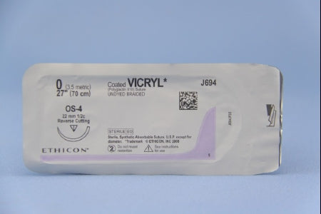 Coated Vicryl - Suture with Needle Absorbable Coated Undyed Suture Braided Polyglactin 910 Size 0 27 Inch Suture 1-Needle 22 mm Length 1/2 Circle Reverse Cutting Needle - J694H