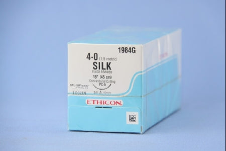 J & J Healthcare Systems Perma-Hand Suture with Needle Nonabsorbable Coated Black Suture Braided Silk Size 4-0 18 Inch Suture 1-Needle 19 mm Length 3/8 Circle Precision Cosmetic - Conventional Cutting PRIME Needle - 1984G