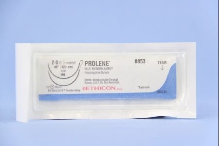 J & J Healthcare Systems Prolene Suture with Needle Nonabsorbable Uncoated Blue Suture Monofilament Polypropylene Suture Size 2-0 48 Inch Suture Double-Armed 36.4 mm Length 1/2 Circle Taper Point Needle - 8853H