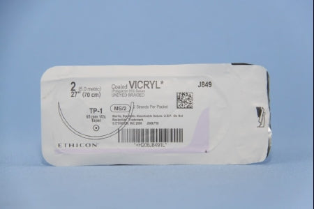 J & J Healthcare Systems Coated Vicryl Suture with Needle Absorbable Coated Undyed Suture Braided Polyglactin 910 Size 2 27 Inch Suture 1-Needle 65 mm Length 1/2 Circle Taper Point Needle - J849G