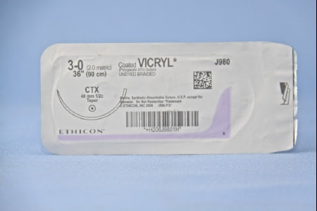 Coated Vicryl - Suture with Needle Absorbable Coated Undyed Suture Braided Polyglactin 910 Size 3 - 0 36 Inch Suture 1-Needle 48 mm Length 1/2 Circle Taper Point Needle - J980H