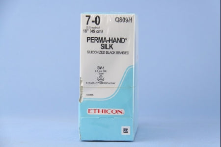 J & J Healthcare Systems Perma-Hand Suture with Needle Nonabsorbable Coated Black Suture Braided Silk Size 7-0 18 Inch Suture Double-Armed 9.3 mm Length 3/8 Circle Taper Point Needle - Q809H