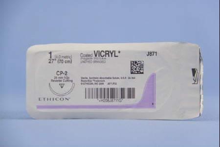 J & J Healthcare Systems Coated Vicryl Suture with Needle Absorbable Coated Undyed Suture Braided Polyglactin 910 Size 1 27 Inch Suture 1-Needle 26 mm Length 1/2 Circle Reverse Cutting Needle - J871H