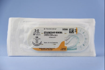J & J Healthcare Systems Ethibond Suture with Needle Nonabsorbable Coated Green Suture Braided Polyester Size 3-0 36 Inch Suture Double-Armed 17 mm Length 3/8 Circle Taper Point Needle - X588H
