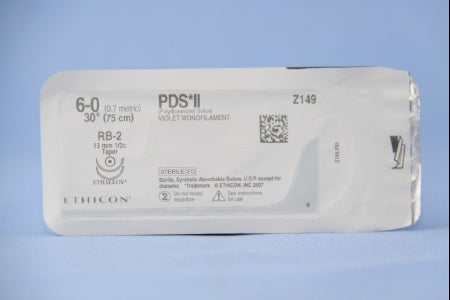 J & J Healthcare Systems PDS II Suture with Needle Absorbable Uncoated Violet Suture Monofilament Polydioxanone Size 6-0 30 Inch Suture Double-Armed 13 mm Length 1/2 Circle Taper Point Needle - Z149H