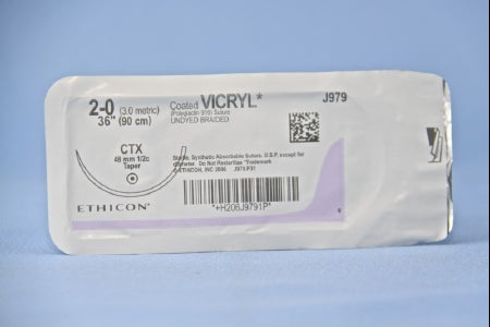 J & J Healthcare Systems Coated Vicryl Suture with Needle Absorbable Coated Undyed Suture Braided Polyglactin 910 Size 2-0 36 Inch Suture 1-Needle 48 mm Length 1/2 Circle Taper Point Needle - J979H