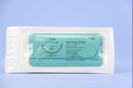 J & J Healthcare Systems Mersilene Suture with Needle Nonabsorbable Uncoated White Suture Braided Polyester Size 5-0 12 Inch Suture 1-Needle 36.4 mm Length 1/2 Circle Taper Point Needle - RS23