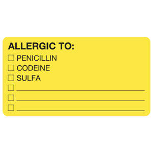Tabbies Allergy Labels, "Allergic To: Pencillin/Codeine/Sulfa" Fluorescent Charsreuse - 3-1/4"W x 1-3/4"H, 250 per Roll - MAP1550