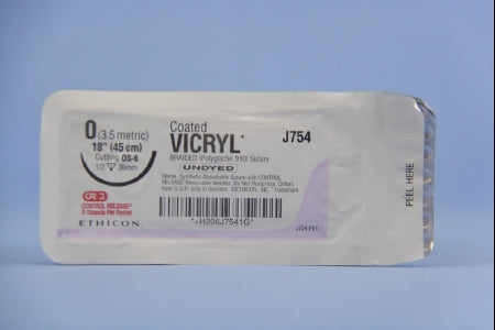 J & J Healthcare Systems Coated Vicryl Suture with Needle Absorbable Coated Undyed Suture Braided Polyglactin 910 Size 0 18 Inch Suture 1-Needle 36.4 mm Length 1/2 Circle Reverse Cutting Needle - J754T