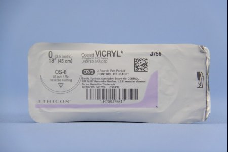 Coated Vicryl - Suture with Needle Absorbable Coated Undyed Suture Braided Polyglactin 910 Size 0 18 Inch Suture 1-Needle 40 mm Length 1/2 Circle Reverse Cutting Needle - J756T