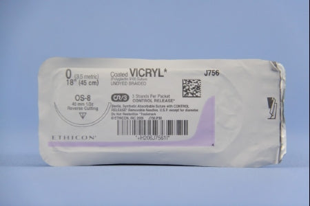 J & J Healthcare Systems Coated Vicryl Suture with Needle Absorbable Coated Undyed Suture Braided Polyglactin 910 Size 0 18 Inch Suture 1-Needle 40 mm Length 1/2 Circle Reverse Cutting Needle - J756T