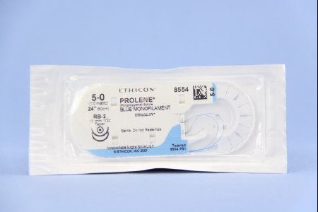 Prolene - Suture with Needle Nonabsorbable Uncoated Blue Suture Monofilament Polypropylene Suture Size 5 - 0 24 Inch Suture Double-Armed 13 mm Length 1/2 Circle Taper Point Needle - 8554H