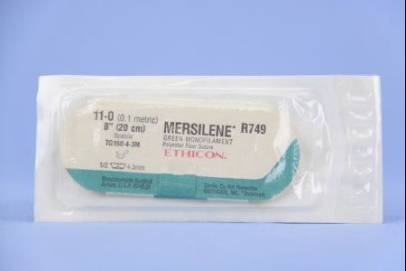 J & J Healthcare Systems Mersilene Suture with Needle Nonabsorbable Uncoated Green Suture Braided Polyester Size 11-0 8 Inch Suture Double-Armed 4.2 mm Length 1/2 Circle Spatula Needle - R749G