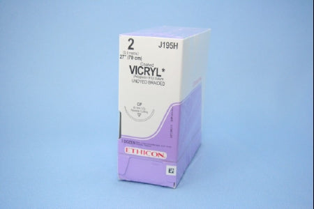 J & J Healthcare Systems Coated Vicryl Suture with Needle Absorbable Coated Undyed Suture Braided Polyglactin 910 Size 2 27 Inch Suture 1-Needle 40 mm Length 1/2 Circle Reverse Cutting Needle - J195H