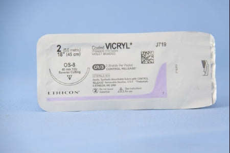 Coated Vicryl - Suture with Needle Absorbable Coated Violet Suture Braided Polyglactin 910 Size 2 18 Inch Suture 1-Needle 40 mm Length 1/2 Circle Reverse Cutting Needle - J719T